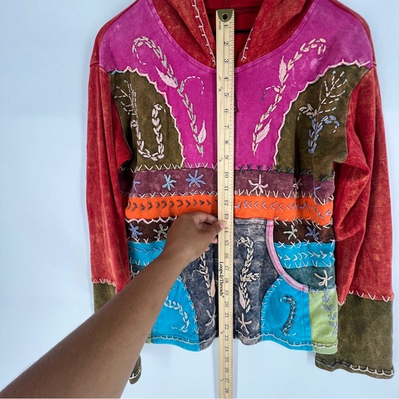 MPC Colorful Patchwork Embroidered Stitching Sip Front Hooded Jacket Artsy - Picture 16 of 17